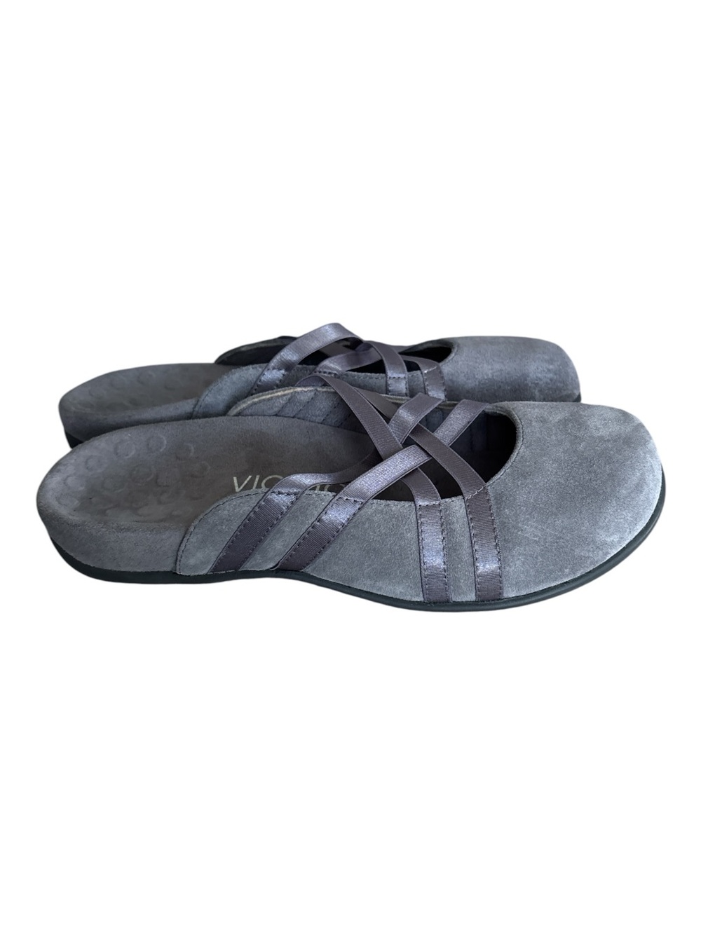 Vionic Claire Grey Suede Leather Slip-On Mules with Crisscross Straps 6